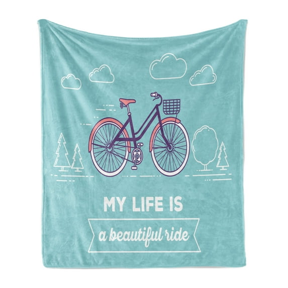 Saying Soft Flannel Fleece Throw Blanket, Retro Pastel Bike with Basket and Text My Life is a Ride, Cozy Plush for Indoor and Outdoor Use, 50" x 70", Pale Blue Dark Purple, by Ambesonne