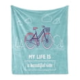 thumbnail image 1 of Saying Soft Flannel Fleece Throw Blanket, Retro Pastel Bike with Basket and Text My Life is a Ride, Cozy Plush for Indoor and Outdoor Use, 70" x 90", Pale Blue Dark Purple, by Ambesonne, 1 of 6