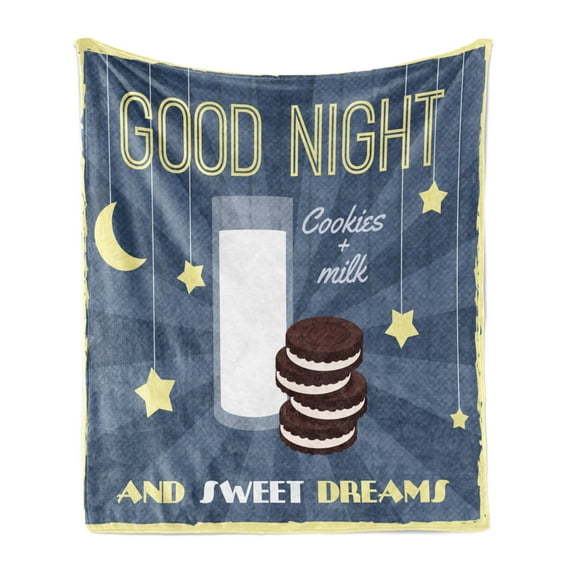 Saying Soft Flannel Fleece Throw Blanket, Retro Poster with Chocolate Biscuits and a Glass of Milk Night Words, Cozy Plush for Indoor and Outdoor Use, 50" x 60", Multicolor, by Ambesonne