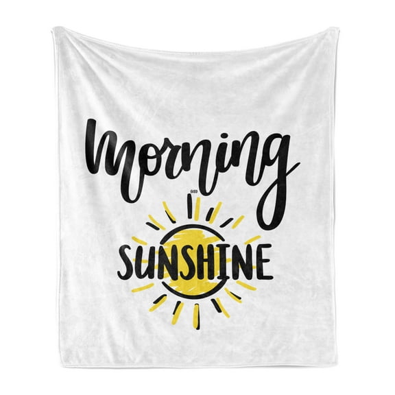 Saying Soft Flannel Fleece Throw Blanket, Simplistic Design of Doodled Sun and Morning Sunshine Lettering, Cozy Plush for Indoor and Outdoor Use, 60" x 80", Yellow Black White, by Ambesonne