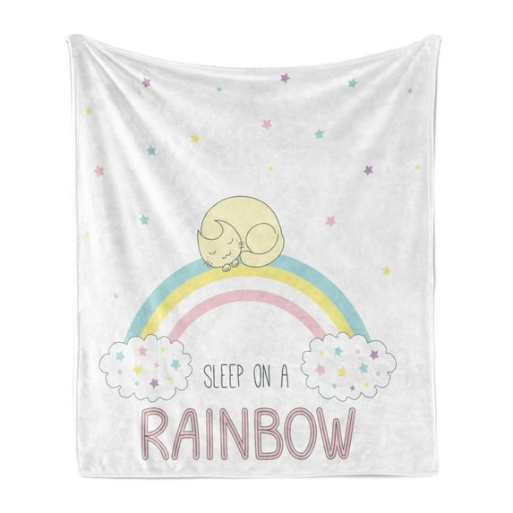Saying Soft Flannel Fleece Throw Blanket, Sleep on a Rainbow Phrase Curled up Cat Sleeping on a Soft Color Rainbow Stripes, Cozy Plush for Indoor and Outdoor Use, 50" x 70", Multicolor, by Ambesonne