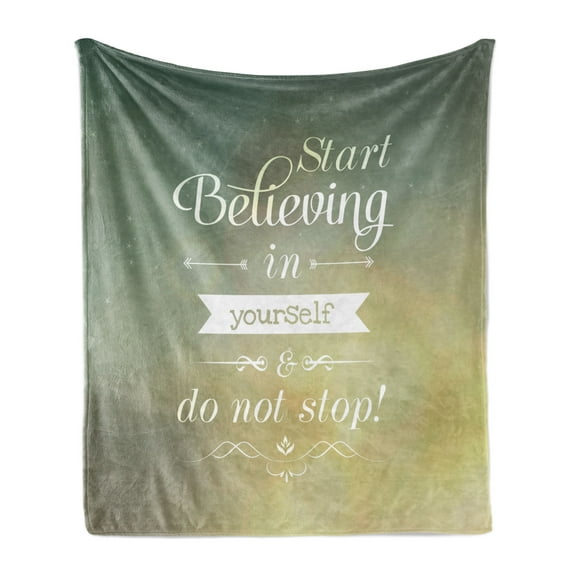 Saying Soft Flannel Fleece Throw Blanket, Start Believing in Yourself and Do Not Stop Typographic Ornamental Art, Cozy Plush for Indoor and Outdoor Use, 60" x 80", Teal Yellow, by Ambesonne