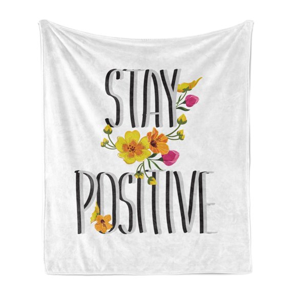 Saying Soft Flannel Fleece Throw Blanket, Stay Positive Typography with Tropical Flowers on Colorful Chevron Background, Cozy Plush for Indoor and Outdoor Use, 50" x 70", Multicolor, by Ambesonne