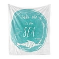 thumbnail image 1 of Saying Soft Flannel Fleece Throw Blanket, Take Me to the Sea Lettering in Grunge Round Frame with Abstract Fish, Cozy Plush for Indoor and Outdoor Use, 70" x 90", Dark Seafoam and White, by Ambesonne, 1 of 6
