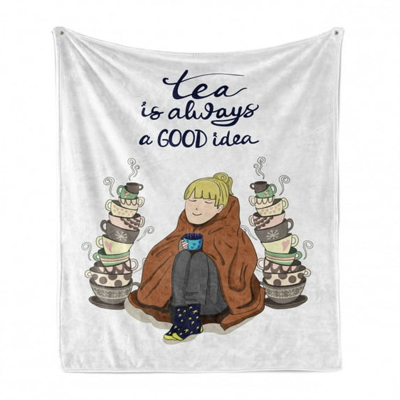 Saying Soft Flannel Fleece Throw Blanket, Tea Lover Themed Message Girl Wrapped in Blanket and Warm Drink Art Cartoon, Cozy Plush for Indoor and Outdoor Use, 50" x 70", Multicolor, by Ambesonne