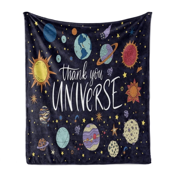 Saying Soft Flannel Fleece Throw Blanket, Thank You Universe Typography Galaxy Planets, Cozy Plush for Indoor and Outdoor Use, 50" x 60", Indigo Multicolor, by Ambesonne