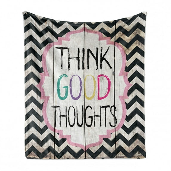 Saying Soft Flannel Fleece Throw Blanket, Think Thoughts Message with Rainbow Colored Letters on Chevron Zigzag Lines, Cozy Plush for Indoor and Outdoor Use, 50" x 60", Multicolor, by Ambesonne