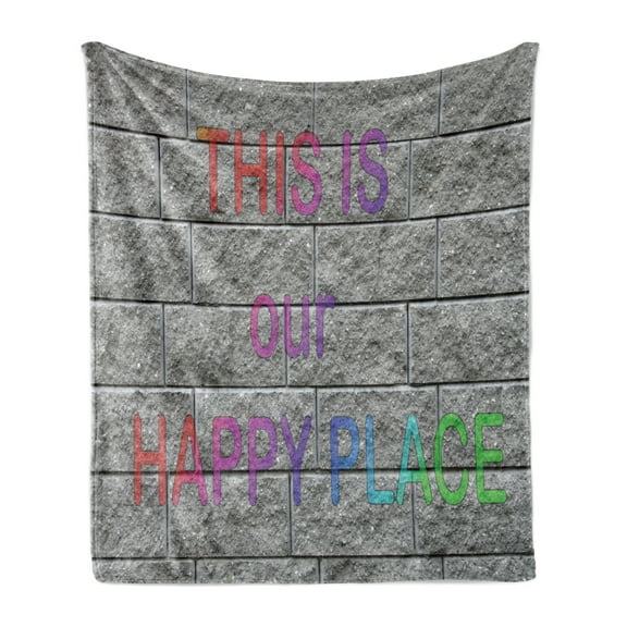 Saying Soft Flannel Fleece Throw Blanket, This is Our Happy Place Colorful Graffiti Motivation Saying on Grey Bricks Print, Cozy Plush for Indoor and Outdoor Use, 50" x 60", Multicolor, by Ambesonne