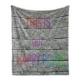 thumbnail image 1 of Saying Soft Flannel Fleece Throw Blanket, This is Our Happy Place Colorful Graffiti Motivation Saying on Grey Bricks Print, Cozy Plush for Indoor and Outdoor Use, 70" x 90", Multicolor, by Ambesonne, 1 of 5