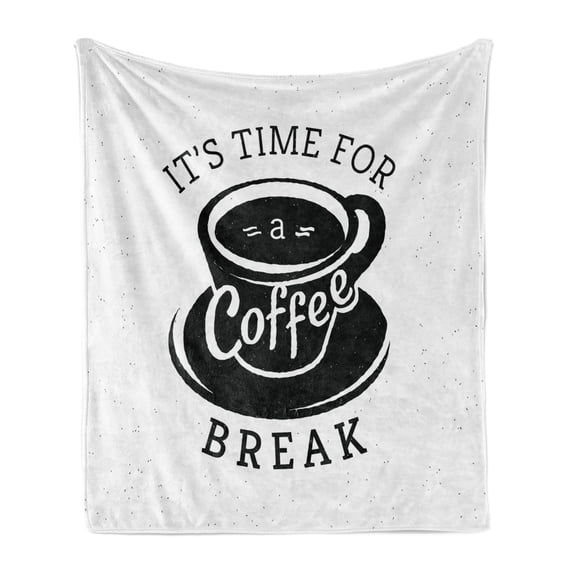 Saying Soft Flannel Fleece Throw Blanket, It is Time for a Coffee Break with Cup of Expresso on Scattered Background, Cozy Plush for Indoor and Outdoor Use, 50" x 60", Black and White, by Ambesonne