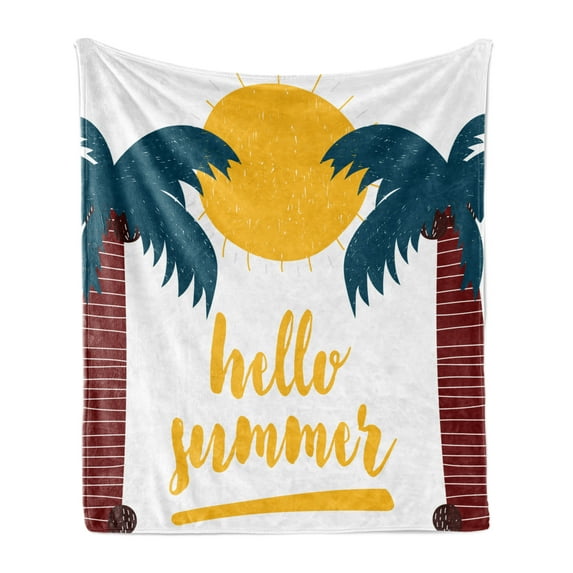 Saying Soft Flannel Fleece Throw Blanket, Tropical Palm Tree Motif with Hello Summer Lettering Hand Calligraphy, Cozy Plush for Indoor and Outdoor Use, 60" x 80", Teal Redwood Yellow, by Ambesonne