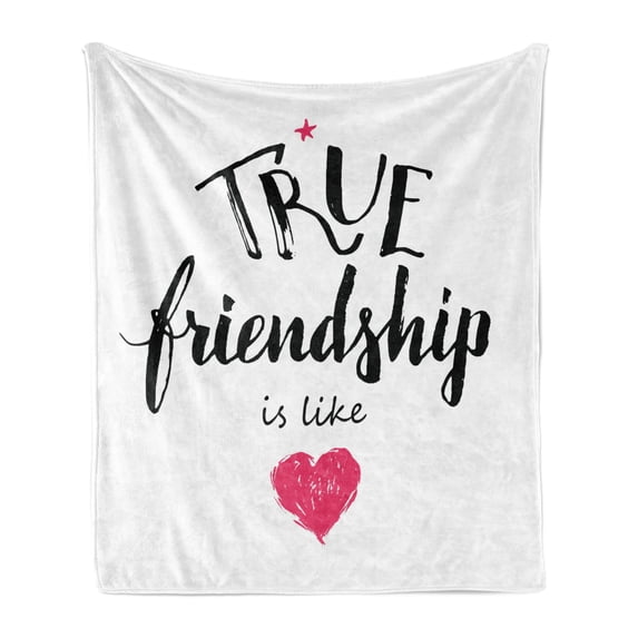 Saying Soft Flannel Fleece Throw Blanket, True Friendship is Like Lettering Completed by Pink Scribbled Heart, Cozy Plush for Indoor and Outdoor Use, 60" x 80", Black White and Pink, by Ambesonne