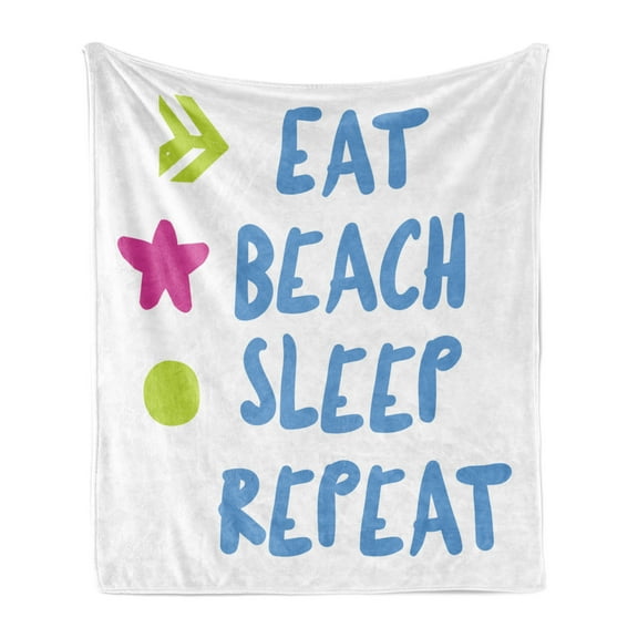 Saying Soft Flannel Fleece Throw Blanket, Typography Doodle Eat Beach Sleep Repeat Motive Message, Cozy Plush for Indoor and Outdoor Use, 50" x 70", White Multicolor, by Ambesonne