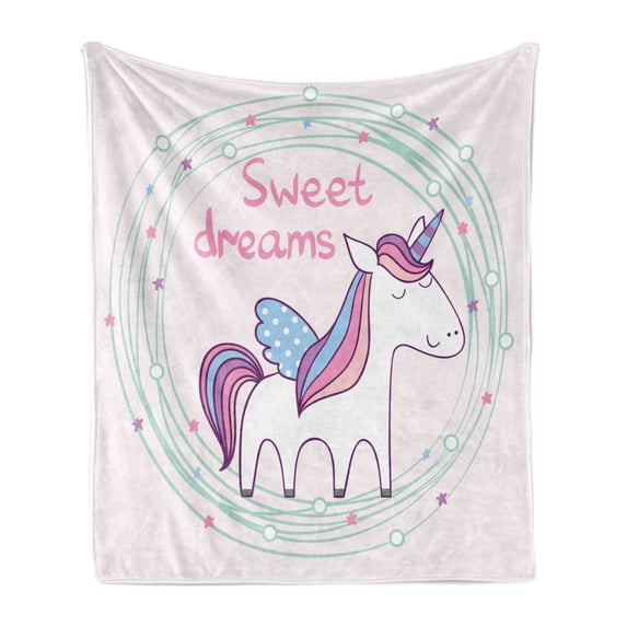 Saying Soft Flannel Fleece Throw Blanket, Unicorn Hand Drawn Circles Dots and Stars Nursery Theme, Cozy Plush for Indoor and Outdoor Use, 50" x 70", Multicolor, by Ambesonne