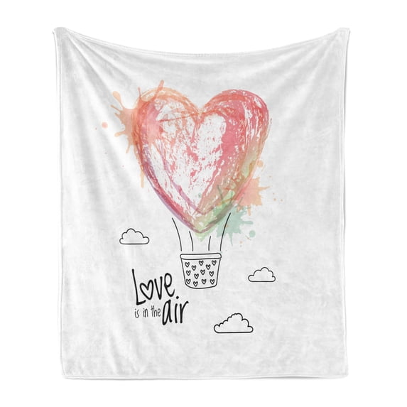 Saying Soft Flannel Fleece Throw Blanket, Valentines Day Design Splashed Heart Air Balloon and Love is in the Air Phrase, Cozy Plush for Indoor and Outdoor Use, 50" x 70", Multicolor, by Ambesonne