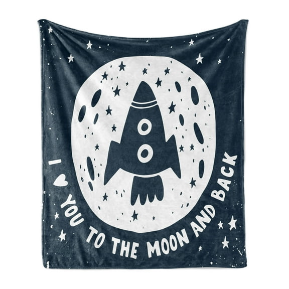 Saying Soft Flannel Fleece Throw Blanket, Valentines Day I Love You to the Moon and Back Spaceship Stars Backdrop, Cozy Plush for Indoor and Outdoor Use, 50" x 70", Dark Blue and White, by Ambesonne