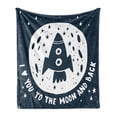 thumbnail image 1 of Saying Soft Flannel Fleece Throw Blanket, Valentines Day I Love You to the Moon and Back Spaceship Stars Backdrop, Cozy Plush for Indoor and Outdoor Use, 70" x 90", Dark Blue and White, by Ambesonne, 1 of 5
