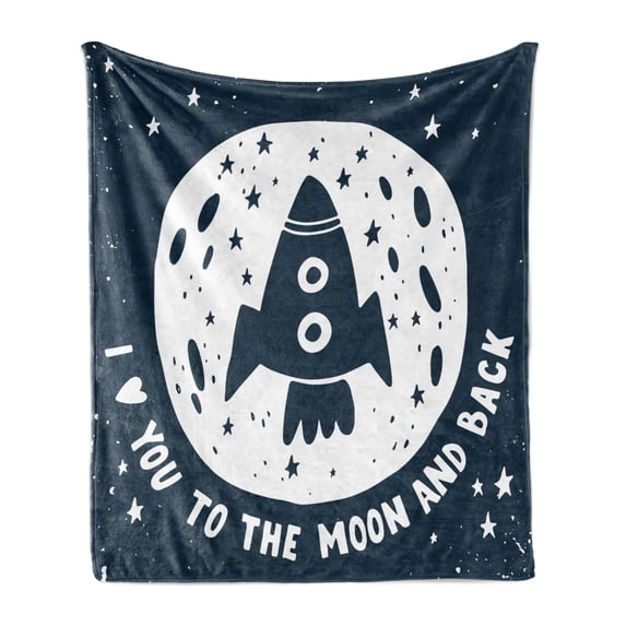 Saying Soft Flannel Fleece Throw Blanket, Valentines Day I Love You to the Moon and Back Spaceship Stars Backdrop, Cozy Plush for Indoor and Outdoor Use, 70" x 90", Dark Blue and White, by Ambesonne