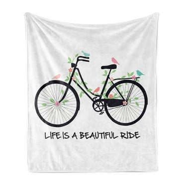 Saying Soft Flannel Fleece Throw Blanket, Vintage Bicycle with Birds Flowers on Green Leafy Branches with a Text, Cozy Plush for Indoor and Outdoor Use, 50" x 70", Multicolor, by Ambesonne