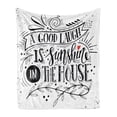 thumbnail image 1 of Saying Soft Flannel Fleece Throw Blanket, Vintage Calligraphy a Laugh is Sunshine in the House with Curlicues Leaves, Cozy Plush for Indoor and Outdoor Use, 50" x 60", Black and White, by Ambesonne, 1 of 5