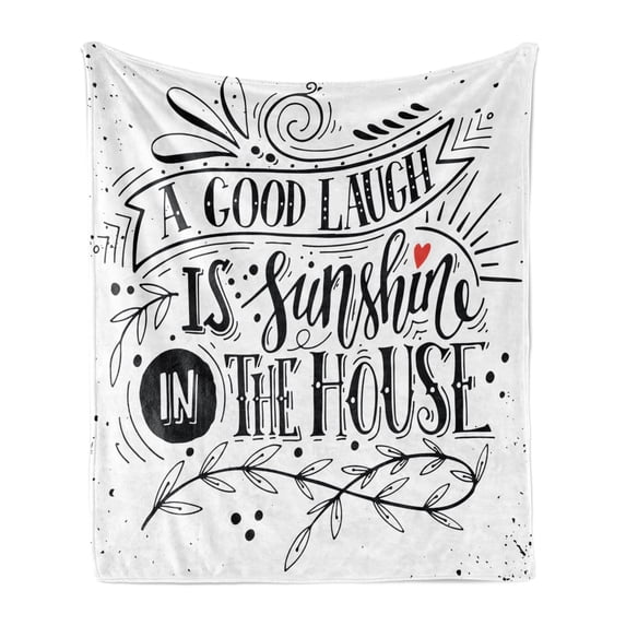 Saying Soft Flannel Fleece Throw Blanket, Vintage Calligraphy a Laugh is Sunshine in the House with Curlicues Leaves, Cozy Plush for Indoor and Outdoor Use, 50" x 60", Black and White, by Ambesonne