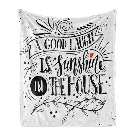 Saying Soft Flannel Fleece Throw Blanket, Vintage Calligraphy a Laugh is Sunshine in the House with Curlicues Leaves, Cozy Plush for Indoor and Outdoor Use, 50" x 70", Black and White, by Ambesonne