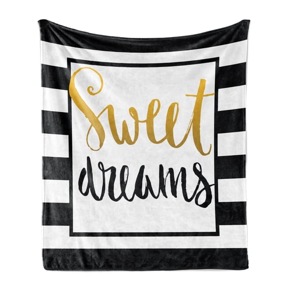 Saying Soft Flannel Fleece Throw Blanket, Vintage Hand Drawn Lettering Design with Monochrome Stripes Background, Cozy Plush for Indoor and Outdoor Use, 50" x 70", Yellow Black White, by Ambesonne