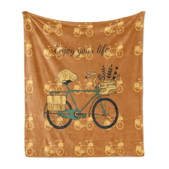 Saying Soft Flannel Fleece Throw Blanket, Vintage Style Bicycle with Flower Crate and Sleeping Cat on Burnt Orange Backdrop, Cozy Plush for Indoor and Outdoor Use, 50" x 60", Multicolor, by Ambesonne