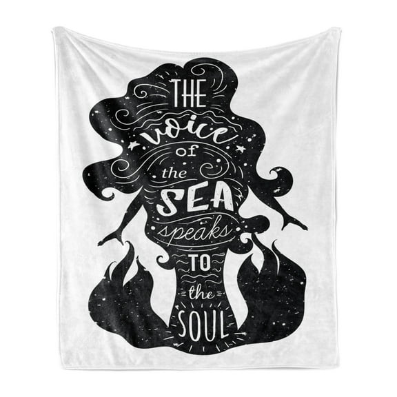 Saying Soft Flannel Fleece Throw Blanket, Voice of Sea Speaks to Soul Typography on Silhouette Mermaid, Cozy Plush for Indoor and Outdoor Use, 50" x 60", Charcoal Grey White, by Ambesonne