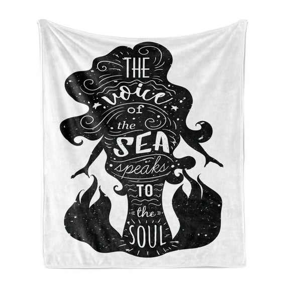 Saying Soft Flannel Fleece Throw Blanket, Voice of Sea Speaks to Soul Typography on Silhouette Mermaid, Cozy Plush for Indoor and Outdoor Use, 50" x 60", Charcoal Grey White, by Ambesonne
