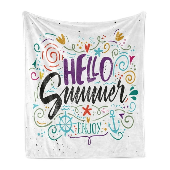 Saying Soft Flannel Fleece Throw Blanket, Welcomig Hello Summer Enjoy Words with Hearts Flowers Anchors Print, Cozy Plush for Indoor and Outdoor Use, 50" x 60", Multicolor, by Ambesonne
