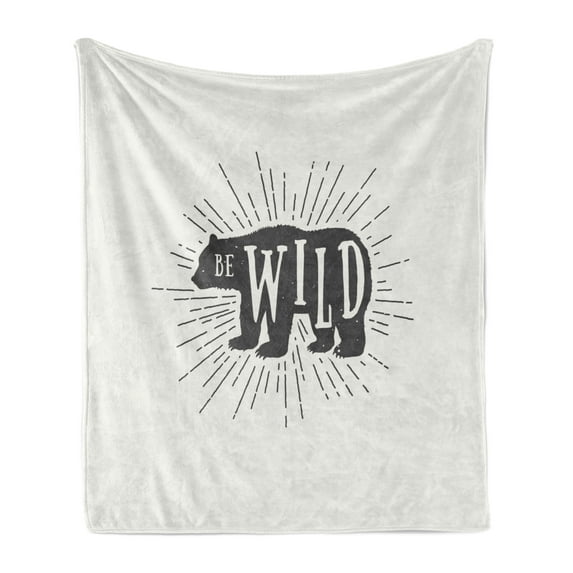 Saying Soft Flannel Fleece Throw Blanket, Woodland Bear Silhouette with Be Wild Message Starburst Dashed Lines, Cozy Plush for Indoor and Outdoor Use, 70" x 90", Grey Pale Sage Green, by Ambesonne
