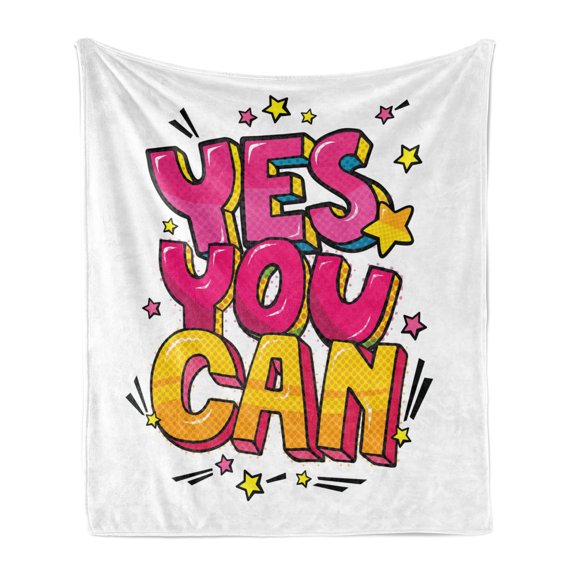 Saying Soft Flannel Fleece Throw Blanket, Yes You Can Message Graffiti Word Bubble Style with Stars, Cozy Plush for Indoor and Outdoor Use, 60" x 80", Hot Pink Yellow and Blue, by Ambesonne