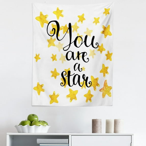 Saying Tapestry, Modern Calligraphic Phrase with Watercolor Stars Self Confidence Theme, Fabric Wall Hanging Decor for Bedroom Living Room Dorm, 5 Sizes, Black Yellow and White, by Ambesonne