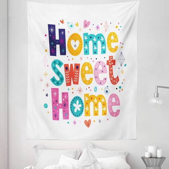 Saying Tapestry, Typography Lettering in Lively Colors and Floral Elements Diamonds Hearts, Fabric Wall Hanging Decor for Bedroom Living Room Dorm, 5 Sizes, Multicolor, by Ambesonne