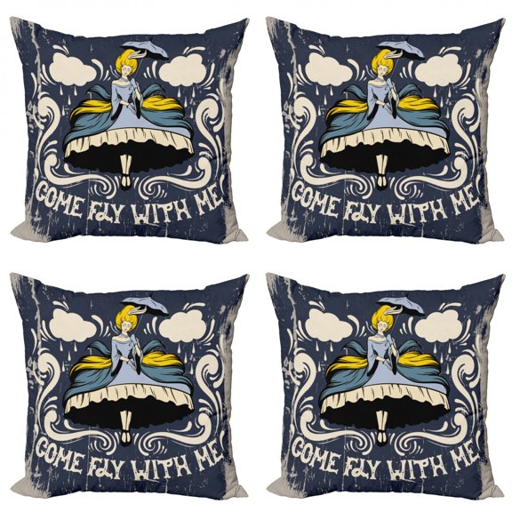 Saying Throw Pillow Cushion Case Pack of 4, Abstract Design Come Fly with Me Text and Girl with Umbrella and Princess Clothes, Modern Accent Double-Sided Print, 4 Sizes, Multicolor, by Ambesonne