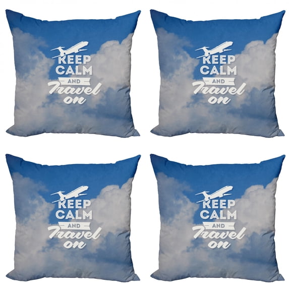Ambesonne Saying Throw Pillow Cover 4 Pack, Keep Calm and Travel, 16", Cobalt Blue and White