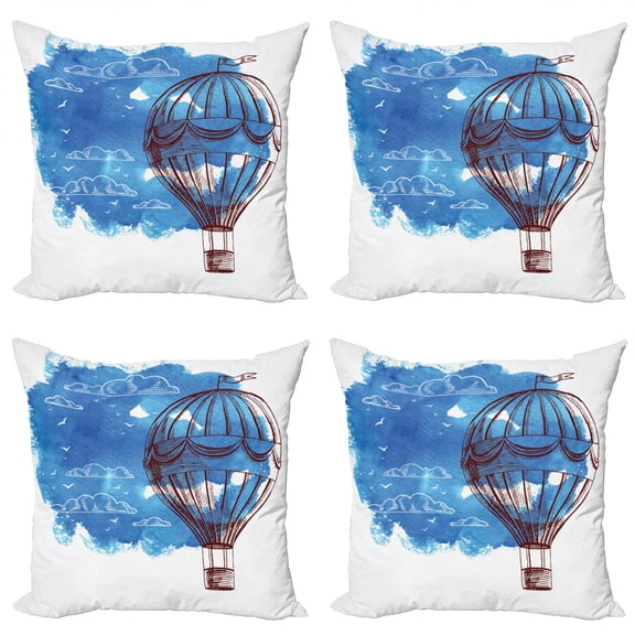 Saying Throw Pillow Cushion Case Pack of 4, Bon Voyage Saying on Watercolor Sky Clouds and Air Balloon Retro, Modern Accent Double-Sided Print, 4 Sizes, Azure Blue Dark Maroon, by Ambesonne
