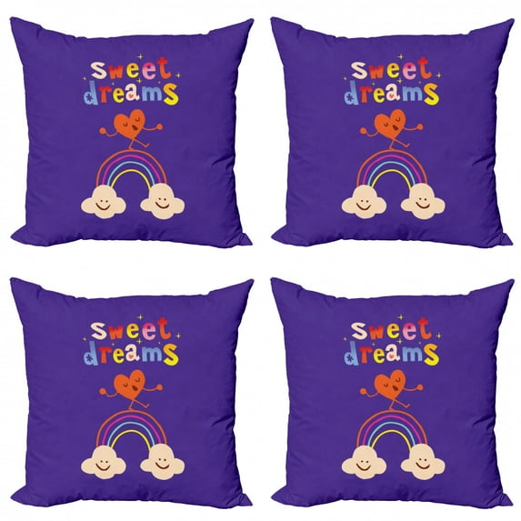 Saying Throw Pillow Cushion Case Pack of 4, Cartoon Heart Dancing on a Rainbow Between 2 Smiling Clouds Colorful, Modern Accent Double-Sided Print, 4 Sizes, Multicolor, by Ambesonne