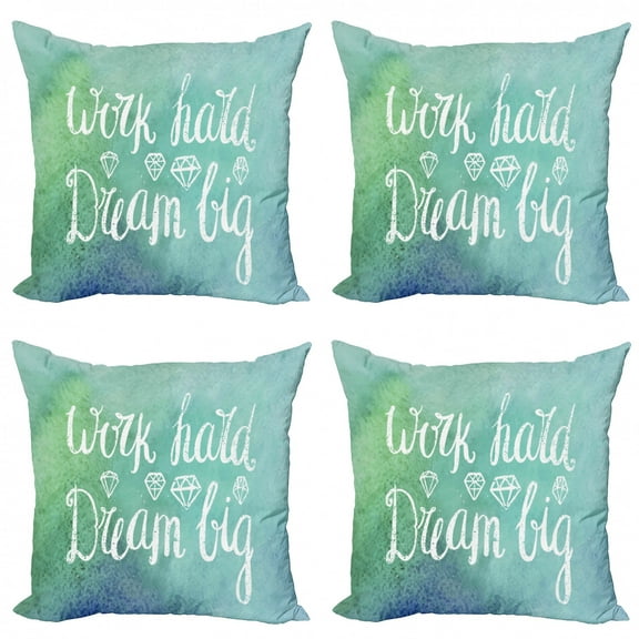Saying Throw Pillow Cushion Case Pack of 4, Chalky Style Lettering Work Hard Dream Big Message Gemstone, Modern Accent Double-Sided Print, 4 Sizes, Violet Blue Seafoam, by Ambesonne