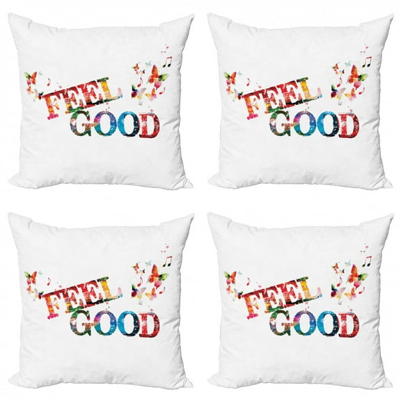 Saying Throw Pillow Cushion Case Pack of 4, Colorful Letters with Grunge Effect Flying Butterflies and Musical Notes Print, Modern Accent Double-Sided Print, 4 Sizes, Multicolor, by Ambesonne