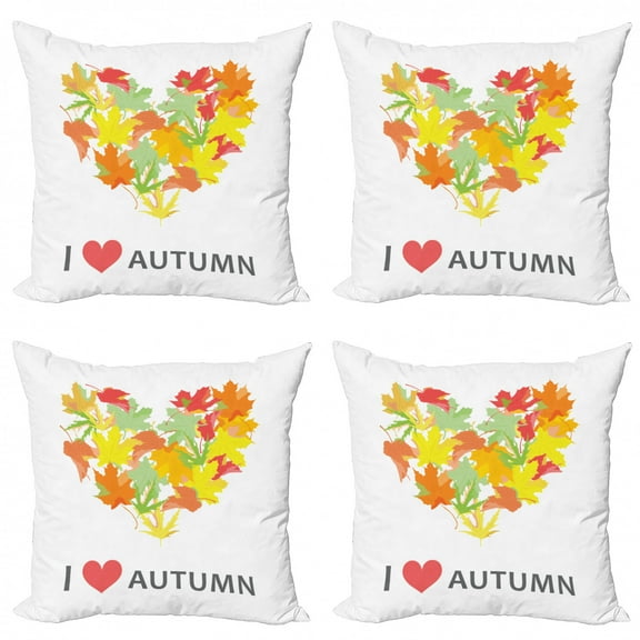 Saying Throw Pillow Cushion Case Pack of 4, Colorful Seasonal Maple Leaves Group in Heart Shape with I Love Autumn Message, Modern Accent Double-Sided Print, 4 Sizes, Multicolor, by Ambesonne