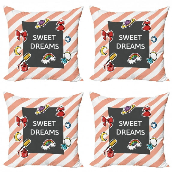 Saying Throw Pillow Cushion Case Pack of 4, Diagonal Striped Backdrop with a Frame with Various Feminine Fashion, Modern Accent Double-Sided Print, 4 Sizes, Multicolor, by Ambesonne
