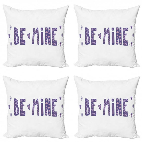 Saying Throw Pillow Cushion Case Pack of 4, Heart and Cloud Built-in Bold Typographic Lettering Be Mine Message, Modern Accent Double-Sided Print, 4 Sizes, Lilac and Dark Purple, by Ambesonne