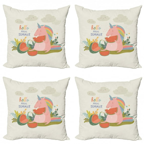 Saying Throw Pillow Cushion Case Pack of 4, Hello Magic Summer Typography with Unicorn Eating Watermelon Fruit Happy Clouds Rain, Modern Accent Double-Sided Print, 4 Sizes, Multicolor, by Ambesonne