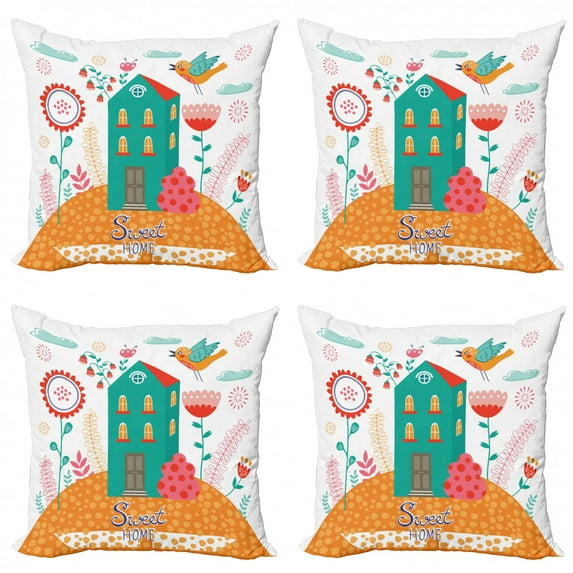 Saying Throw Pillow Cushion Case Pack of 4, Modern Apartment with Colorful Flourishing Flowers Flying Birds and Clouds, Modern Accent Double-Sided Print, 4 Sizes, Multicolor, by Ambesonne