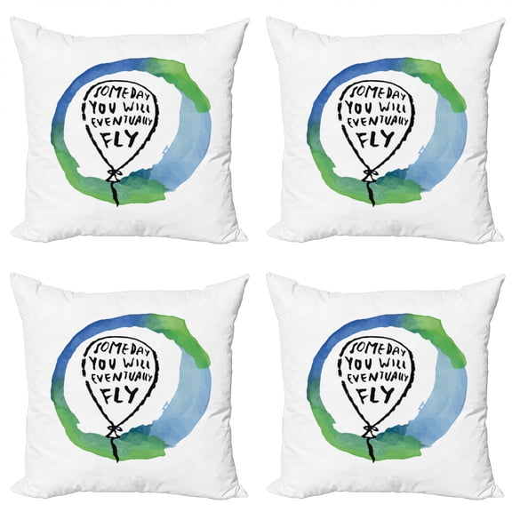 Saying Throw Pillow Cushion Case Pack of 4, Someday You Will Eventually Fly Watercolor, Modern Accent Double-Sided Print, 4 Sizes, Azure Blue Fern Green, by Ambesonne