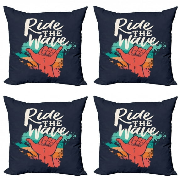 Saying Throw Pillow Cushion Case Pack of 4, Summer Surfer Themed Typographic Image with Ride the Wave and Gesture, Modern Accent Double-Sided Print, 4 Sizes, Multicolor, by Ambesonne