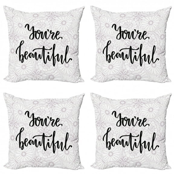 Saying Throw Pillow Cushion Case Pack of 4, You are Calligraphy on Outline Pastel Tones Flowers, Modern Accent Double-Sided Print, 4 Sizes, Pale Mauve White, by Ambesonne