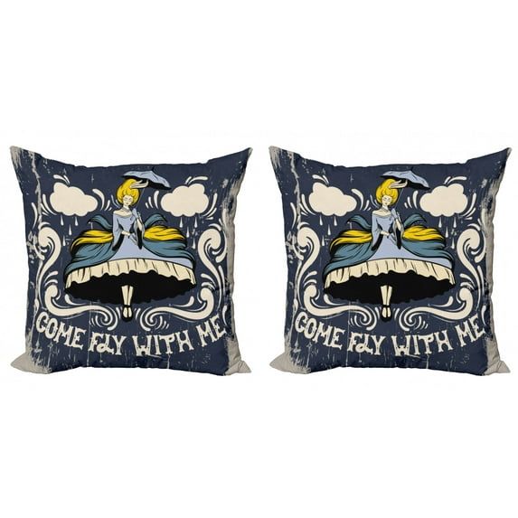 Saying Throw Pillow Cushion Cover Pack of 2, Abstract Design Come Fly with Me Text and Girl with Umbrella and Princess Clothes, Zippered Double-Side Digital Print, 4 Sizes, Multicolor, by Ambesonne